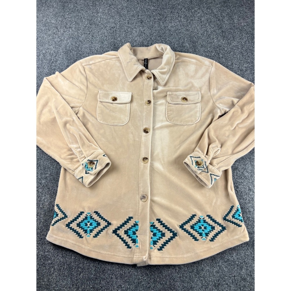Two‎ 2 Fly Co Tan Velour Western "Kingman" Shacket Western Embroidered Shirt XS